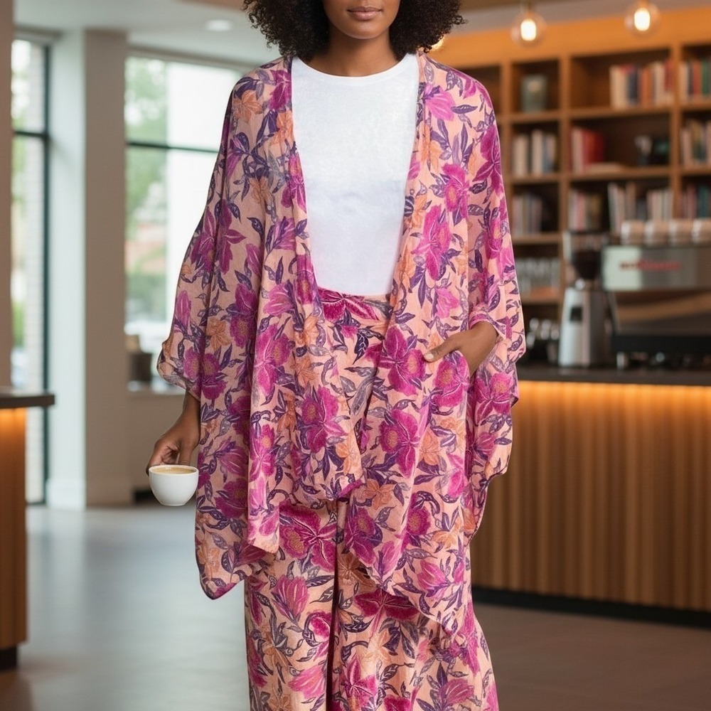 ❤️NWOT OLD Navy Rayon Floral Kimono Jacket and Pants Set Peach Pink XXL
